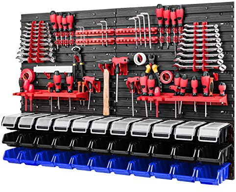 Werkzeugwand - 1152 x 780 mm - Lagersystem SET Lochwand mit Werkzeughaltern und Stapelboxen mit Deckel - Wandregal Werkstattregal Schüttenregal Sichtlagerkästen (Schwarz/Blau)