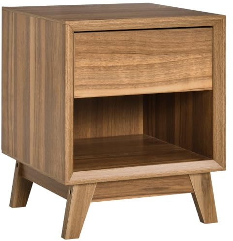 HOMCOM Mesita de Noche Moderna, mesita de Noche, Mesa Auxiliar para Sala de Estar, Mesa Auxiliar con cajón y Estante, Color marrón Nogal