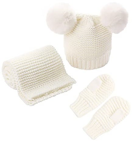 Cozylkx Baby Mütze Schal Handschuhe Set, Winter Warme Strickmütze Mützen Fäustling Schal Set Kaltes Wetter Set für 03 Jahre, Weiß
