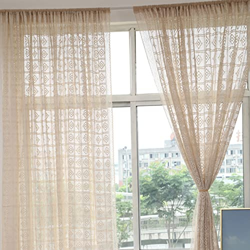 Yizunnu Beige Vintage Baumwolle Fenstervorhang Panel Boho Chic Handhäkeln Stricken Vorhang Vorhänge für Schlafzimmer Wohnzimmer (100 cm x 180 cm (B x L)