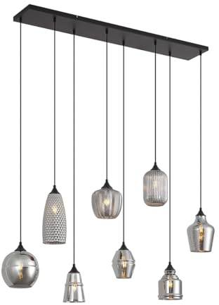 Qazqa - Art Deco Art Deco Hängelampe I Pendellampe I Pendelleuchte schwarz mit Rauchglas 8-flammig - Hanne I Wohnzimmer I Schlafzimmer - Länglich - LED geeignet E27