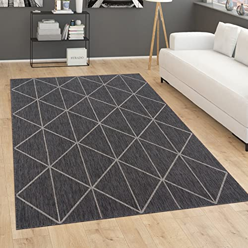 Paco Home Outdoor Teppich wetterfest modernes Boho Skandi Rauten-Muster Robustes Flachgewebe in Sisaloptik pflegeleicht ideal für Balkon, Terrasse & Küche, Grösse:160x220 cm, Farbe:Anthrazit 2
