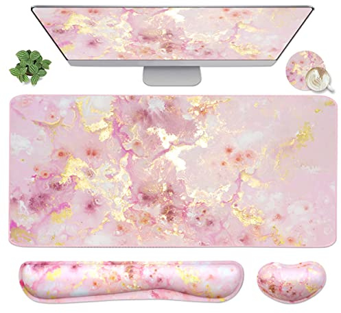 4-in-1 Large Gaming Mouse Pad, Keyboard Wrist Rest Pad & Wrist Support Mousepad Set, Extended Desk Pad Waterproof Desk Mat for Home Office Study Game-Pink Gold Marble