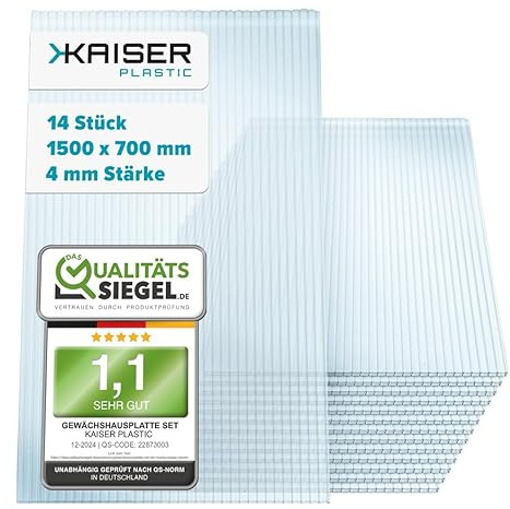 KAISER PLASTIC® Xtra Strong | 14er Set Gewächshausplatten | Stärke 4mm | 700 x 1500 mm | Polycarbonat (PC) | 14,7 m2 | Gewicht: 700g/m2 | Hohlkammerplatte - Doppelstegplatte