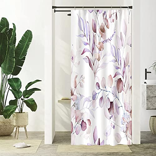 Uiiooazy Duschvorhang 90x180cm Anti Schimmel Eukalyptus Violett Blätter | Duschvorhang Rosa Lavendel Blumen Wasserdicht Waschbar Stoff Polyester Bad Vorhang mit 6 Haken für Badezimmer Badewanne