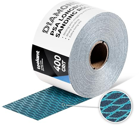 toolant Rollo de papel de lija de grano 400 con forma de diamante, 2-3/4 pulgadas de ancho, 10 yardas de largo, papel de lija autoadhesivo PSA para carpintería, metal, plástico, automoción, bloques de