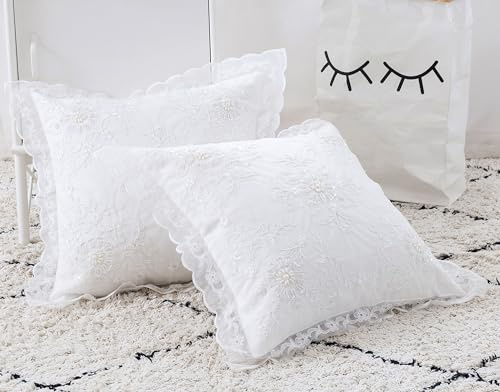 Minoki Dekokissenbezüge, Shabby- und elegant, weiße Spitze, handgefertigt, mit Perlen, bestickt, dekorative Kissenbezüge für Couch, Sofa, Bett, Blumendekoration, 2 Stück, 40,6 x 40,6 cm