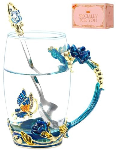 Birthday Gifts for Women,Butterfly Flower Glass Tea Cup Sky Blue Rose Coffee Mug for Women Mum Wife Sister Coworker Female Friend on Anniversary Mothers Day Christmas Presents