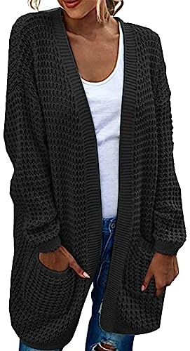 Lazzboy Strickjacke Damen Lang Open Front Grobstrick Strick Cardigan Langarm Strickjacken Mit Knöpfe Und Taschen Grobstrickjacke Winter Herbst Knit Offener Strickmäntel Wintermäntel Mantel