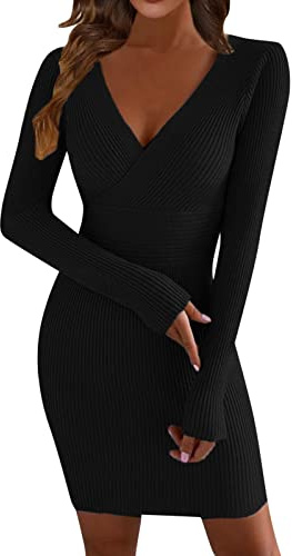 KBOPLEMQ Robes tricotées pour femmes Robe pull sexy moulante Robe pull confortable Robe de loisirs tricotée Robe de soirée sexy Pull long à manches longues Col en V Mini robe décontractée, Noir , M