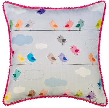 The HomeCentric Dekorativ Blau Kissen Überzüge 2 Stück 55 x 55 cm Baumwolle Kissen Kinderzimmer, Kinderkissen und Pompons, Kissenhülle mit, Vogel Kissen, Kindergarten Kissen Überzüge - Chirpy Cheeks