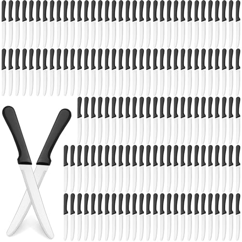 Zhehao 200 Pcs Steak Knives 8.39 Inches Stainless Steel Serrated Blade Steak Knives Set with Round Tip Plastic Handle for Restaurant Kitchen, 4.72 Inch Blade