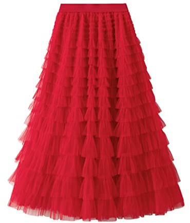 Kobilee Gonna Donna Elegante Elasticizzata Tubino Gonna Tulle Rossa Gonna Plissettata Taglie Forti Vita Alta Gonna Capodanno Invernali Curvy Gonna Lunga
