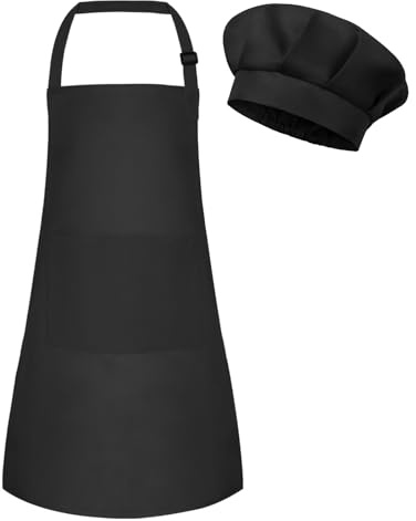 BOUBONI Tablier et toque de chef pour enfant - Tablier artistique réglable avec 2 poches - Toque et tablier pour la cuisine, la pâtisserie et la peinture