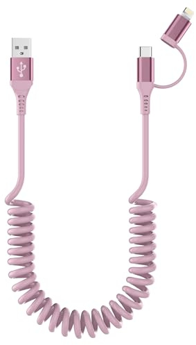 Cable Spirale Voiture pour CarPlay et Android Auto [MFi & 3A Charge rapide & transmission de données] Câble USB vers USB C et Lightning 2en1 pour iPhone 17/16/15/14/13/12/11/Galaxy/Android Rose