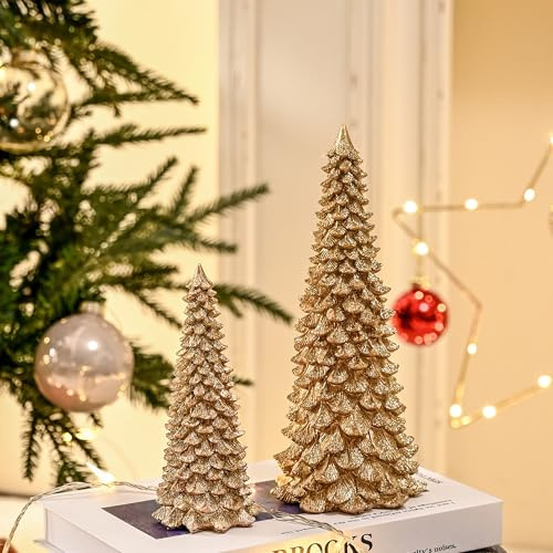 AOMOONOA Gold Christmas Tree Figurines, 2Pcs Resin Glitter Christmas Tree for Tabletop Decoration, Small Christmas Trees Set, Decorative Xmas Trees for Christmas Mantel Indoor Home Decor