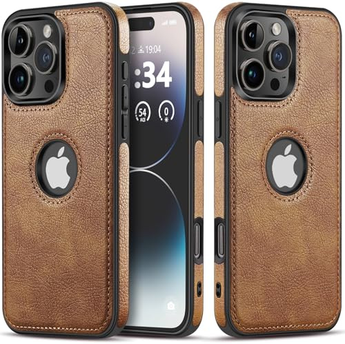 Hulveze Hülle Kompatibel mit iPhone 16 Pro Max, Luxus PU-Leder Business Handyhülle mit Logoausschnitt, Dünne Stoßfeste Weiche rutschfeste Griff Schutzhülle für iPhone 16 Pro Max(Braun)
