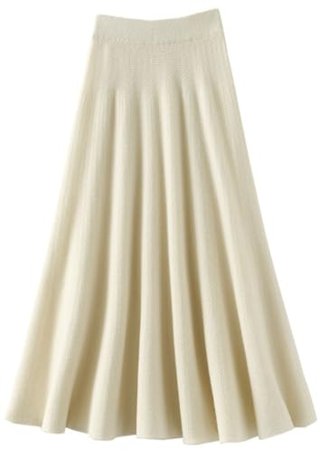 FM2018XSL Women's Wool Skirt Elastic Waist A Line Knit Long Pleated Skirt Fall Winter Flowy Swing Maxi Skirt (US, Alpha, One Size, Regular, Regular, Cream)