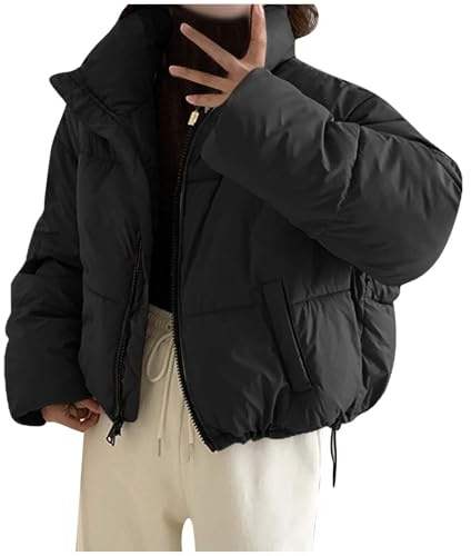 NIUVOO Womens Winter Baggy Fluffy Down Coats Warm Thicken Cotton-Padded Clothes Y2K Teen Girls Cropped Puffer Jacket Thermal Short Down Coats