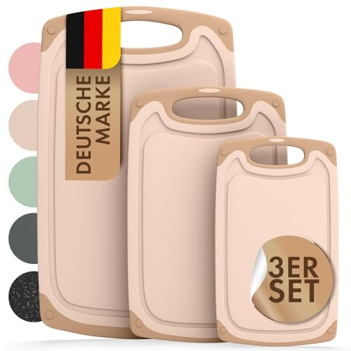 Blumtal planche a decouper - set avec 3 différentes tailles (S/M/L) - planche a decouper plastique sans BPA - planche à découper avec poignée - rigole à jus - passe au lave-vaisselle - robuste - beige