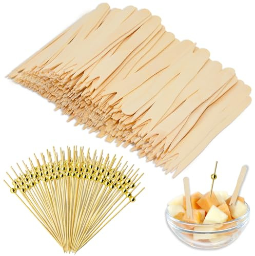 PXBSNB 200 Stück Pommesgabel aus Holz, 85mm Holzgabeln Einweg, Birkenholz Gabeln, Holzbesteck mit 50 Cocktailspieße, Naturholz Einwegbesteck für Party Geburtstag Camping Picknick