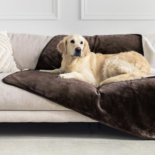 Dreamzie - Vattentät hundtäcke 127x152 cm - Vändbar vattentät filt - För hundsäng och soffa i Sherpa Fleece - Tvättbar - Brun