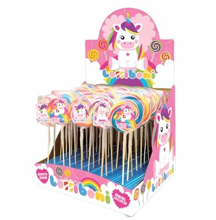 Lolliboni Unicorni Lecca Lecca Gusto Fragola con Immagine 3D Espositore da 30 Lecca Lecca da 30 gr, Ideali Per Party e Feste di Compleanno