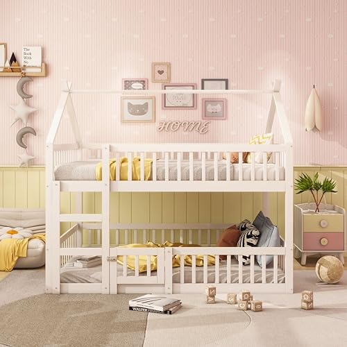 FAYICIC Kinder-Etagenbett 140x200, Kinder-Familienbett, Etagenbett mit Treppe, Loft Design, Massivholz-Rahmen (Weiß)