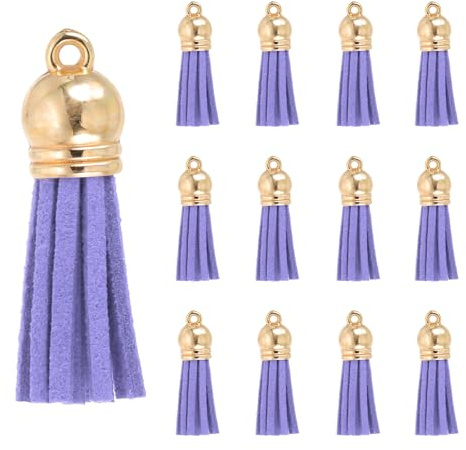 PATIKIL 30 Stück 38x10mm Lila Leder Quasten Anhänger mit Gold Metallkappen für Handtaschen Taschenanhänger Handykette Ohrringe Halskette Schlüsselanhänger Basteln Schmuckherstellung