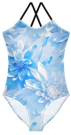 Maillot de bain 1 pièce pour filles, motif fleurs de dahlia, bleu, 3 ans, Fleurs de dahlia bleu, 4 Ans