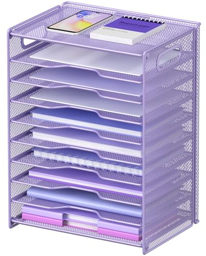 OUTWOLF Papier-Organizer mit 10 Etagen, Briefablage, Netzstoff, Schreibtisch-Organizer mit Griffen, für Büro, Schule, Schreibtisch, Violett
