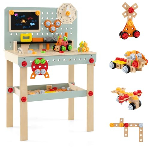 Maxmass Wooden Kids Workbench, Toddler Tool Bench with Rich Tools & Parts, Chalkboard, Storage Shelf, Educational Construction Tools Set Pretend Play Tool Workshop (Natural+Blue, 54x30x83cm)