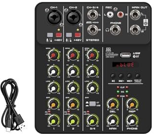 Mesa de Mezclas, Consola mezcladora de DJ V4, mezcladora de 4 canales, portátil, alimentación fantasma de 48 V, USB, con tarjeta de sonido for PC, grabación y canto(V4 Black Type)