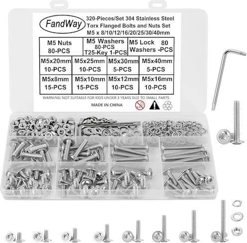 FandWay M5 Torx Bolts and Nuts Set,Flanged Button Head Machine Screws,304 Stainless Steel Torx Screws Washer Head,320Pcs Nut Bolt and Flat & Lock Washers Assortment Kit,Fully Threaded With T25 Wrench.