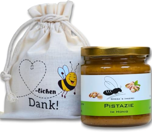 Grega's Imkerei - Honig Geschenkset im Säckchen – Herzlichen Dank mit Sorte deiner Wahl Perfekt als Mitbringsel, Abschiedsgeschenk oder als Dankschön Geschenk (250g, Pistazie im Honig)