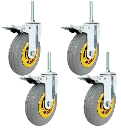 Heavy Duty Rubber Caster Wheels - Pack of 4 M12x60mm 3/4/5 Inch Swivel Casters with Brake Industrial Replacement Castors for Furniture & Workbench Anti-Wear & Smooth Rolling