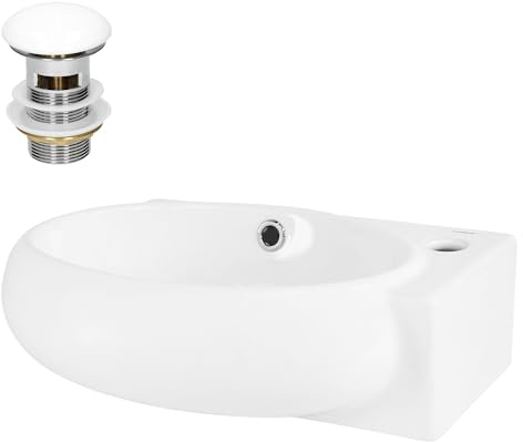 LuxeBath Waschbecken aus Keramik Weiß 43x28x15 cm oval mit Ablaufgarnitur Weiß, Hahnloch rechts, Wandmontage, Modernes Aufsatzwaschbecken, Waschtisch klein, Waschschale Waschplatz Handwaschbecken