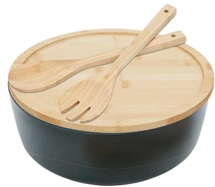 Big Salad Bowl - Salad Serving Bowl | Large Serving Salads Container | Wooden Serveware with Spoon Fork for Home Kitchen Cereal Fruit Snack Mixing Cooking Meal Prep Pasta Lunch Dinner Party