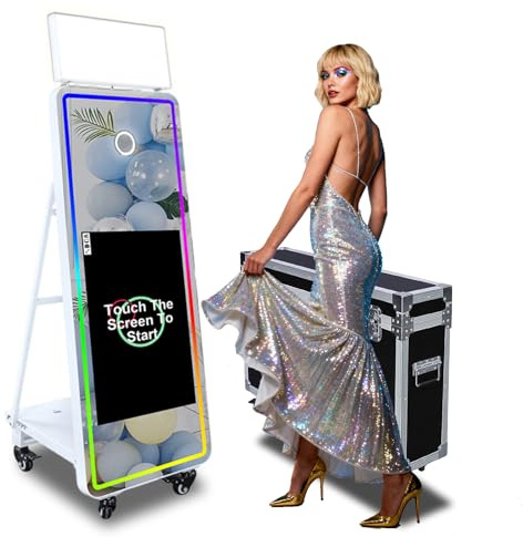 Photomaton miroir avec écran tactile de 43, appareil photo reflex numérique avec logiciel d'éclairage RVB et étui de transport pour location d'événements ou de fêtes (machine de photomaton)