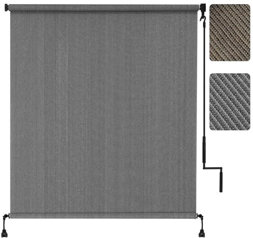 EVERSHOT Outdoor Roller Shade for Patio, 8' W x 8' H Exterior Patio Shade Roll up Outdoor Blinds 180 GSM Cordless Sun Blocking Privacy Screen Cover for Porch Pergola, Light Grey