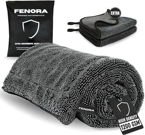 FENORA® Toalla Secado Coche 1200GSM (60×40cm) + 2 Paños Extra (30×30cm) + Bolsa Zip – Toalla Microfibra Coche Premium para Detailing Ultra Absorbente, No Raya