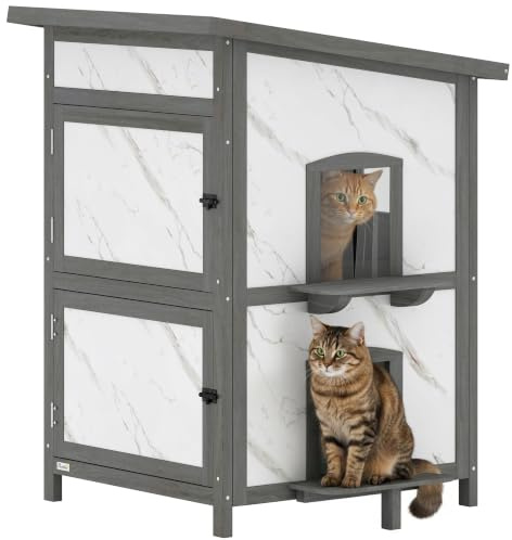 PawHut Katzenhaus aus Holz, 2-stöckiges Outdoor Isolierte Katzenhütte mit Fenster, Mehreren Türen, wasserabweisend Dach, Katzenhöhle Katzenbox für Draußen, 60 x 60 x 88 cm, Weiß