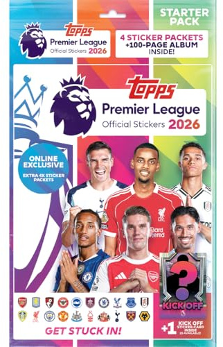 Topps Adesivi Premier League 2026 - Confezione di Avvio - Esclusiva Online! (Contiene un Album Bumper di 96 Pagine, 8 Confezioni di Adesivi, una Carta Adesivo di Avvio e una Confezione Eroe Garantita)