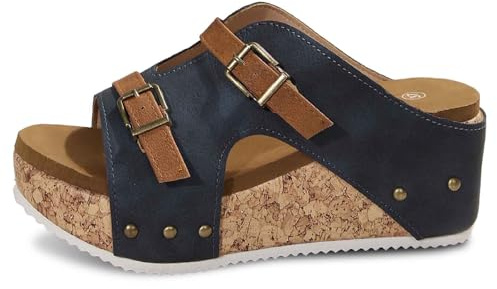 Générique Chaussons pour Femmes pour Un Confort Quotidien, Style Plage en Plein air, avec Bout Ouvert, Boucle, Plateforme, Talon compensé, Mode Estivale (Navy, 38)