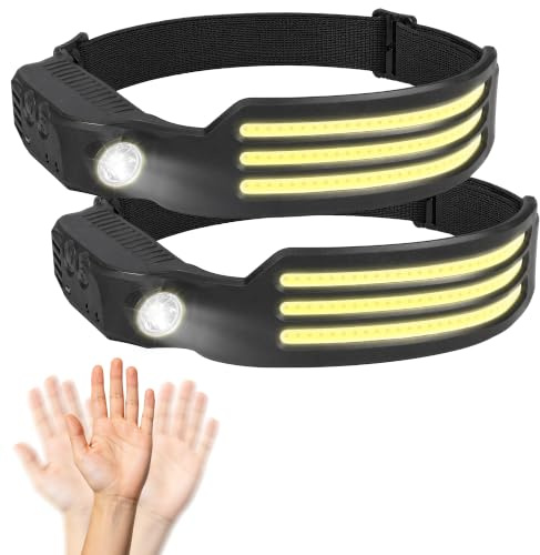 Deecam Linterna Frontal Recargable 2 Unidades, 3 LED de Luz Blanca con Sensor de Movimiento, Batería 2000 mAh, 5 Modos de Luz para Camping, Correr, Senderismo y Pesca