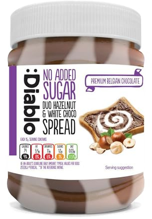 Diablo No Added Sugar Hazelnut Chocolate Spread & White Choco – Sweetened with Maltitol – Low Sugar Belgian Chocolate Spread for Toast, Waffles, Breakfast, Baking, Healthy Snacking - 350g, 1 Pack