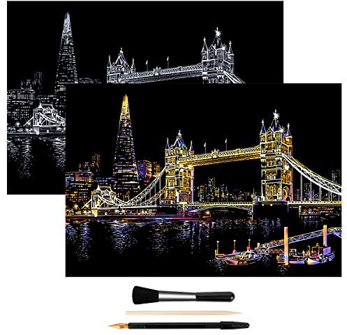 H HOMEWINS Kratzbilder für Erwachsene Kratzpapier Set Nachtansicht der Stadt 405 x 285 mm Wandbilder Kratzkunst Set mit Werkzeug (Tower Bridge)