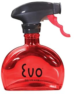 Evo Glass Oil Sprayer Bottle | Non-Aerosol for Olive Oil, Cooking Oils, Vinegars | 6-Oz Capacity | Rotatable Nozzle | Gourmet Cooking Tools - Food-Safe Materials | Red