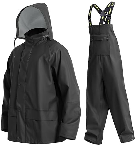 Navis Marine Ensemble de Pluie Homme Imperméable - Veste et pantalon PU étanches avec capuche amovible, idéal pour pêche, chantier, chasse et activités outdoor(Black,XL)