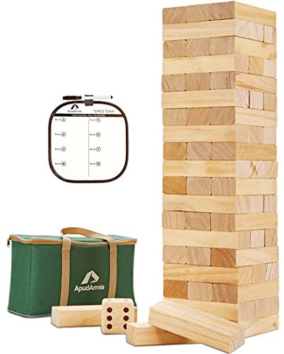 ApudArmis 60 PCS Giant Tumble Tower, Pine Wooden Toppling Timber Game with 1 Dice Set - Classic Block Wood Stacking Game for Adults Family (2.2Ft to 5Ft)